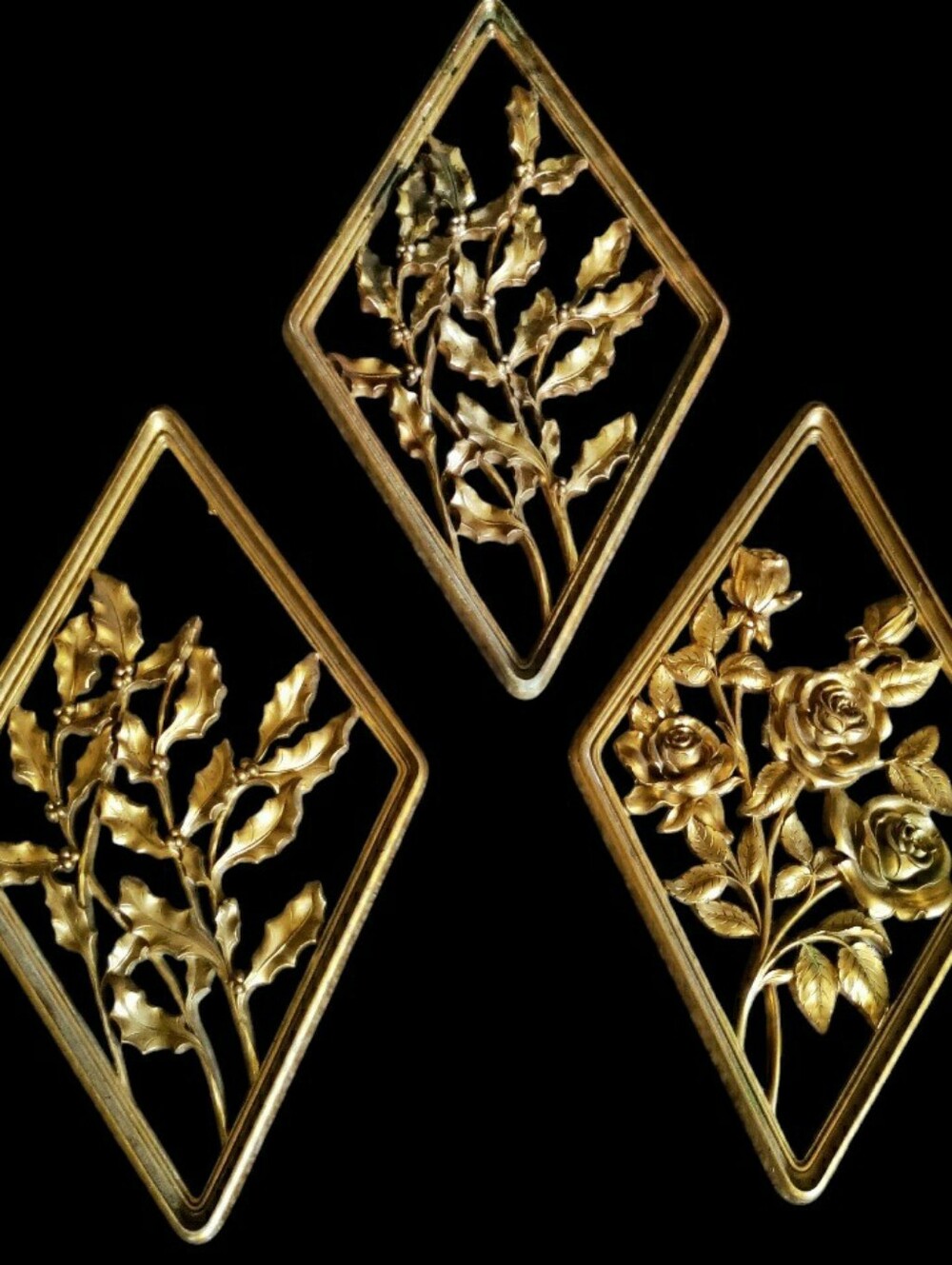Mid Century Syroco Wall Plaques Plastic Resin Hangings Botanical Diamond Set